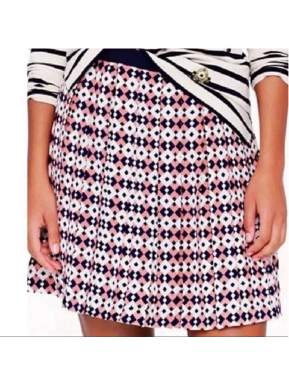 Women's J.Crew 100% Silk Pleated Mini Skirt, Size 6, Pink Navy Off White